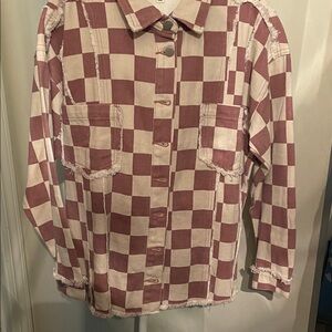 Easel Checkered Jean Jacket in Red and White